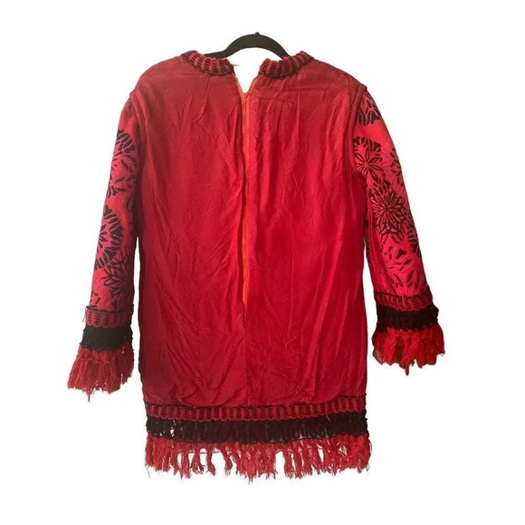 Hand-Made Artisan Crafted Micro Embroidered Red & Black Fringed Tunic Dress - Picture 6 of 16